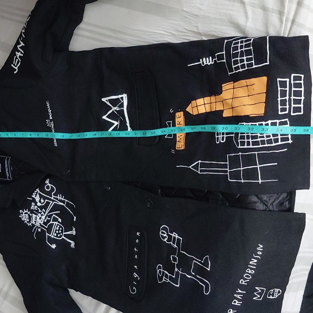 Rare Basquiat Black Wool Mid Coat With Signature And Artwork 23" Pit To Pit - Picture 15 of 16